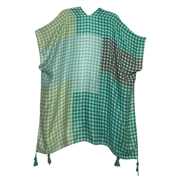 Green & White Gingham Check Lightweight Open Kimono Tassels Beach  Plaid Boho - Picture 2 of 6